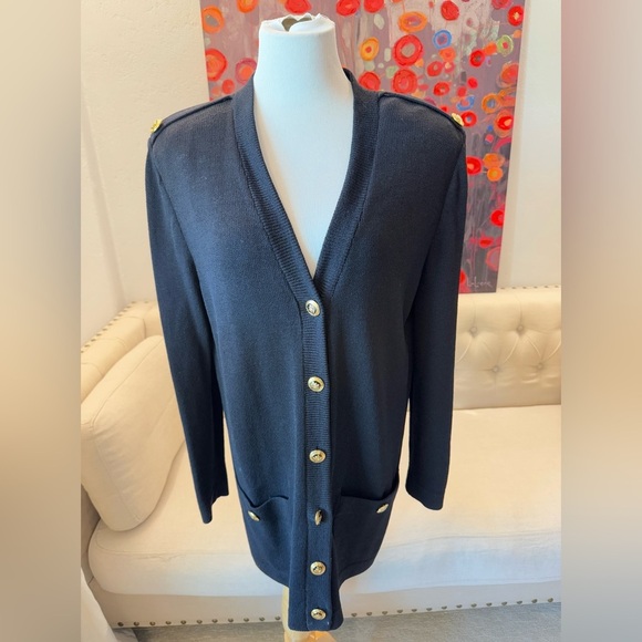 St. John Women’s Black Knit Long V-Neck 6 Buttons Front Cardigan M - Picture 2 of 12